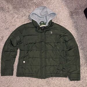 U.S. Polo Assn. Dark Green Puffer Jacket with Light Gray Hood